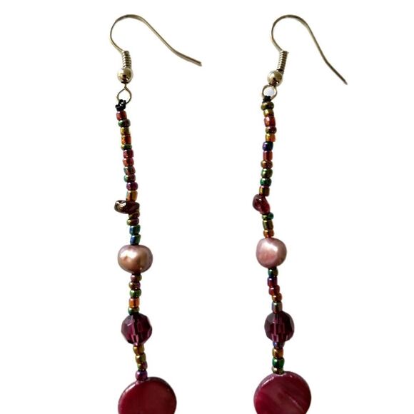 Metallic Shell Graduated Dangle Earrings‎ Glass Beads Handmade Coastal Beach 90s - Picture 10 of 16